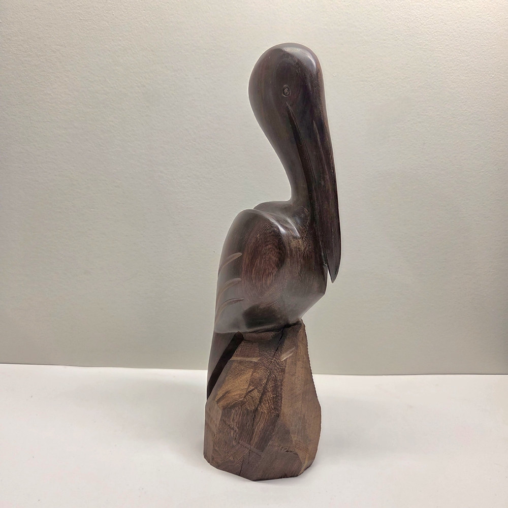 Handcarved 13.25" Ironwood Pelican Figure - Rich Brown Wood Finish On Rough Base